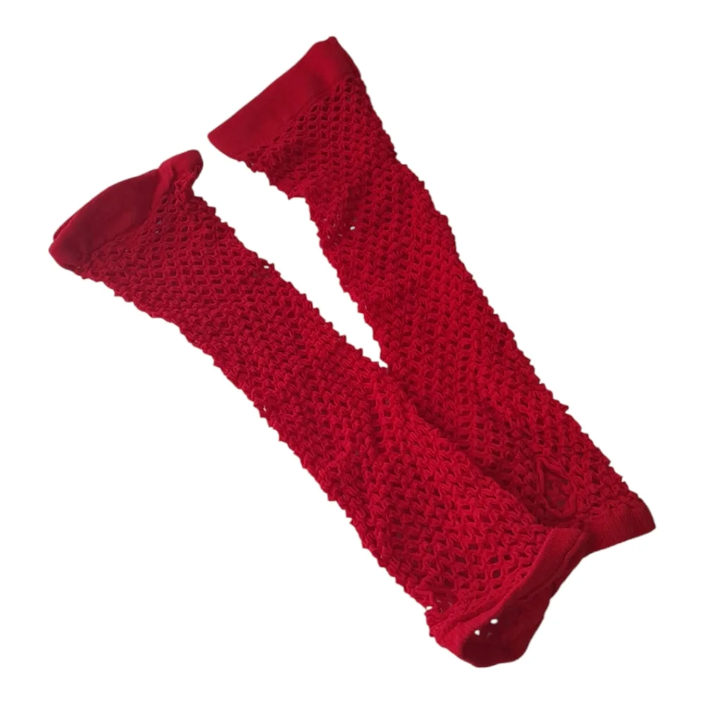 Fingerless Fishnet Red Arm Sleeve Mesh Gloves